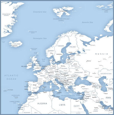 Map of Europe with names of countries, capitals and cities. vector illustrationのイラスト素材