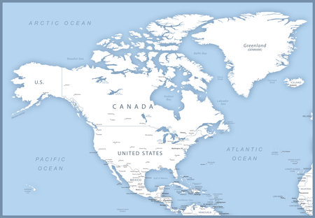 Map of North America with names of countries, capitals and cities. vector illustrationのイラスト素材