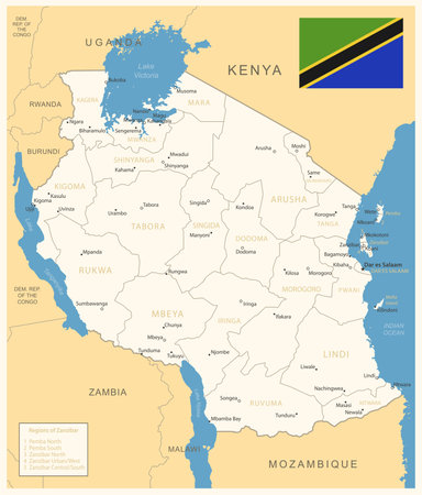 Tanzania - detailed map with administrative divisions and country flag. vector illustrationのイラスト素材