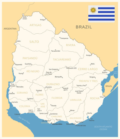 Uruguay - detailed map with administrative divisions and country flag. vector illustrationのイラスト素材