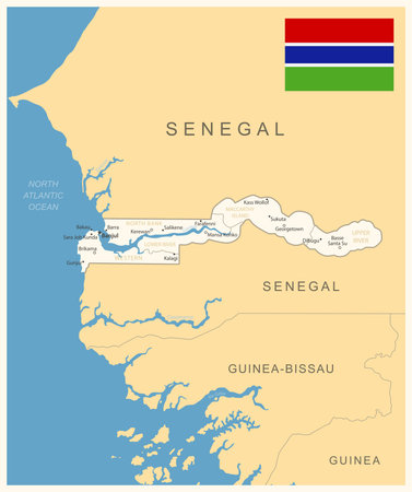 Gambia - detailed map with administrative divisions and country flag. vector illustrationのイラスト素材