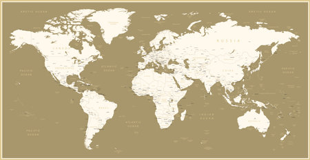 worldmap. Highly detailed map of the world with detailed borders of all countries, cities and bodies of water. Vector map in brown colors.のイラスト素材