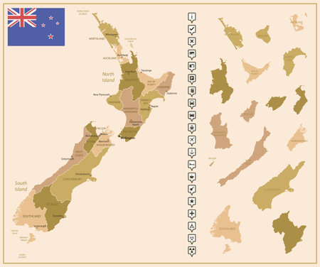 New Zealand - detailed map of the country in brown colors, divided into regions. Vector illustrationのイラスト素材