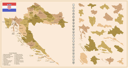 Croatia - detailed map of the country in brown colors, divided into regions. Vector illustrationのイラスト素材