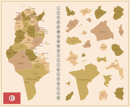 Tunisia - detailed map of the country in brown colors, divided into regions. Vector illustrationのイラスト素材