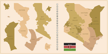 Kenya - detailed map of the country in brown colors, divided into regions. Vector illustrationのイラスト素材
