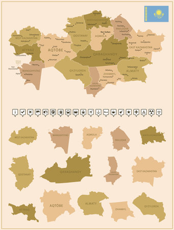 Kazakhstan - detailed map of the country in brown colors, divided into regions. Vector illustrationのイラスト素材