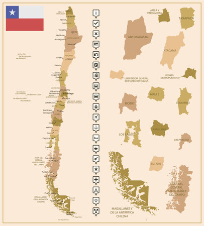 Chile - detailed map of the country in brown colors, divided into regions. Vector illustrationのイラスト素材