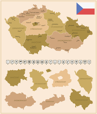Czech Republic - detailed map of the country in brown colors, divided into regions. Vector illustrationのイラスト素材