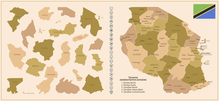Tanzania - detailed map of the country in brown colors, divided into regions. Vector illustrationのイラスト素材