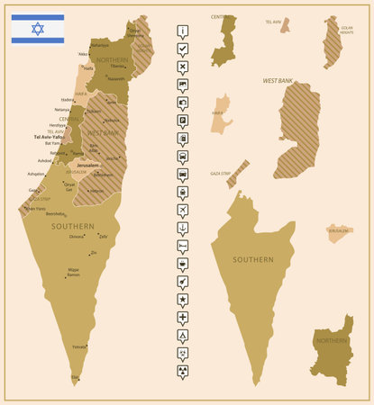 Israel - detailed map of the country in brown colors, divided into regions. Vector illustrationのイラスト素材