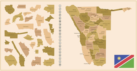 Namibia - detailed map of the country in brown colors, divided into regions. Vector illustrationのイラスト素材
