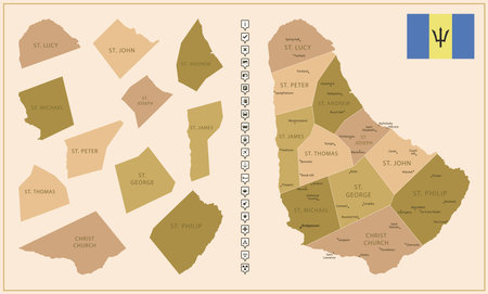 Barbados - detailed map of the country in brown colors, divided into regions. Vector illustrationのイラスト素材