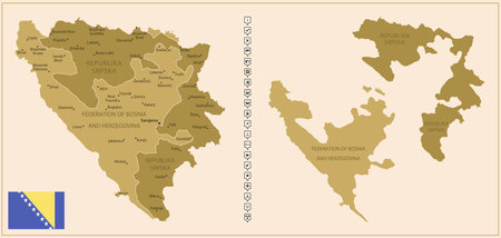 Bosnia and Herzegovina - detailed map of the country in brown colors, divided into regions. Vector illustrationのイラスト素材