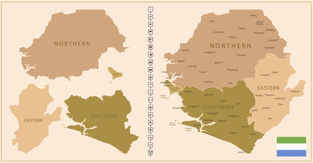 Sierra Leone - detailed map of the country in brown colors, divided into regions. Vector illustrationのイラスト素材