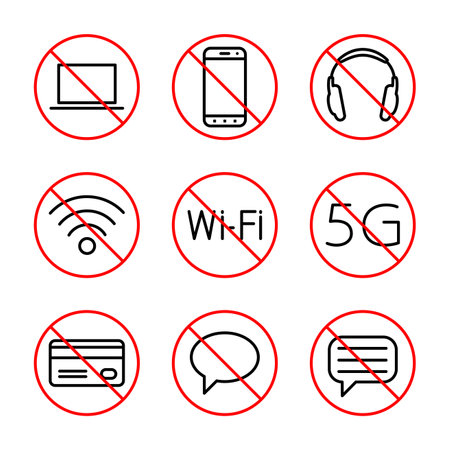 Set of prohibition icons. Prohibited signs line pictograms package, linear icons isolated red circles on white background, Set 1のイラスト素材