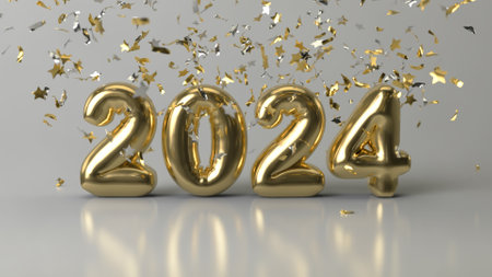 Happy New Year 2024 golden foil balloons with confetti falling on light gray background. Happy New Year celebration concept. Year 2024. 3D renderingの写真素材