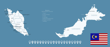 Malaysia - detailed country map with cities and regions. Infographic icons. Vector illustrationのイラスト素材