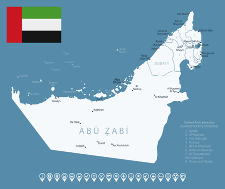 United Arab Emirates - detailed country map with cities and regions. Infographic icons. Vector illustrationのイラスト素材