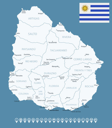 Uruguay - detailed country map with cities and regions. Infographic icons. Vector illustrationのイラスト素材