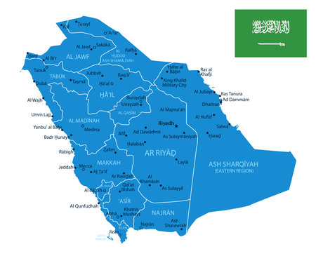Saudi Arabia - detailed blue country map with cities and regions. Vector illustration.のイラスト素材