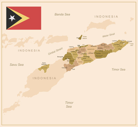 East Timor - detailed map of the country in brown colors, divided into regions. Vector illustrationのイラスト素材