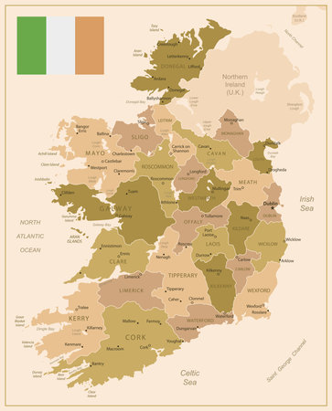 Ireland - detailed map of the country in brown colors, divided into regions. Vector illustrationのイラスト素材