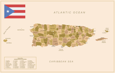 Puerto Rico - detailed map of the country in brown colors, divided into regions. Vector illustrationのイラスト素材