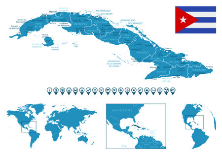 Cuba - detailed blue country map with cities, regions, location on world map and globe. Infographic icons. Vector illustrationのイラスト素材