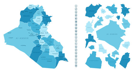Iraq - detailed map of the country in blue colors, divided into regions. Infographic icons. Vector illustration.のイラスト素材