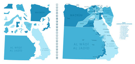 Egypt - detailed map of the country in blue colors, divided into regions. Infographic icons. Vector illustration.のイラスト素材