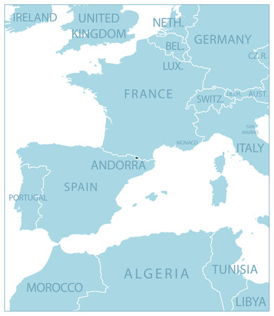 Andorra - blue map with neighboring countries and names. Vector illustrationのイラスト素材