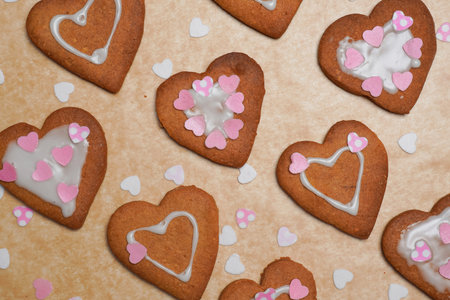 Heart cookies on baker's paper. mother's day celebration. home baking. Valentine's day.の写真素材