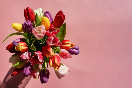 Colorful tulips bouquet on a pink background. greeting card. Top view with copy space.の写真素材