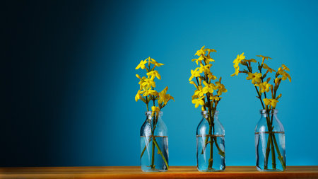 Three bouquet of spring yellow flowers in bottle with water on blue background. The minimal concept. copyspace.の写真素材