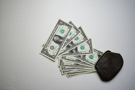 Brown wallet with one dollars banknotes on white background. copyspace.の写真素材
