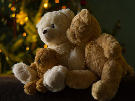 three teddy bears background a christmas treeの写真素材