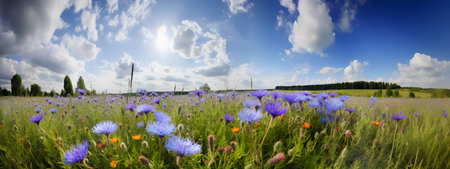 Cornflowers in wide field with blue sky and white cloud. beautiful landscape. AI generated.の素材