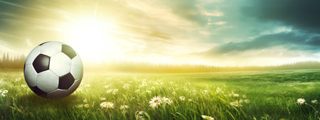 Football ball on the grass, sun rays, blue sky background. football match. Banner. AI generated.の素材