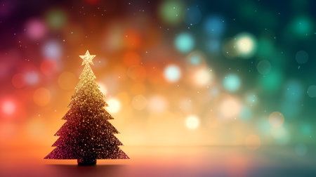 Abstract Christmas background with Christmas tree and bokeh, green orange gradient. Merry Christmas Happy New Year banner. AI generated.の素材