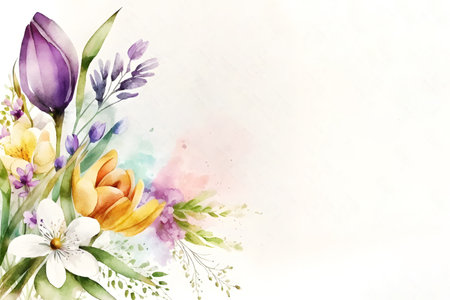 Watercolor, spring flowers frame composition on white background. Valentines day, Womens day concept. Illustration for wedding or greeting card. copyspace. flat lay. AI generated.の素材