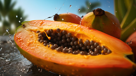 Papaya on water splashes , at summer on sea with blue sky background and . AI generated.の素材