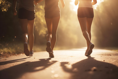 healthy lifestyle. Legs of friends in sport shoose taking run on warm sunny day. AI generated.の素材