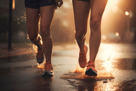 healthy lifestyle. Legs of friends in sport shoose taking run on warm sunny day with rain. AI generated.の素材