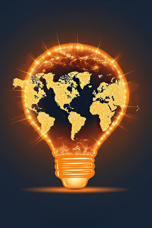 Abstract illustration incandescent bulb on world map in orange color on dark background, representing concept of global restructuring. AI generated.の素材