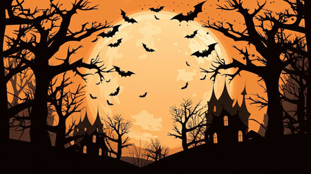 Illustration of Happy Halloween background, silhouettes of trees, houses, bats and pumpkins on orange background, minimal concept, copy space. AI generated.の素材