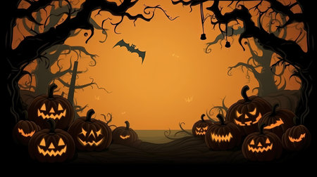 Illustration of Happy Halloween background, silhouettes of trees, bats and pumpkins on orange background, minimal concept, copy space. AI generated.の素材