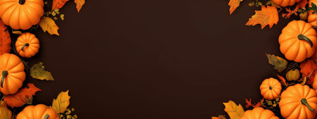 Halloween background. Illustration of pumpkins on dark background, minimal concept, copy space, top view, flat lay. AI generated.の素材
