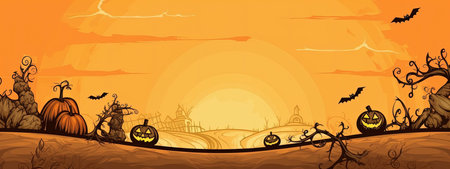 Illustration of Happy Halloween background in line art style on orange background, minimal concept, copy space. AI generated.の素材