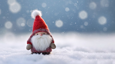Soft toy cute Swedish Scandinavian folklore Christmas gnome nisse, tomte, with a big red hat, white beard, style of Danish design, with christmas winter snowy background. copyspace. AI generated.の素材